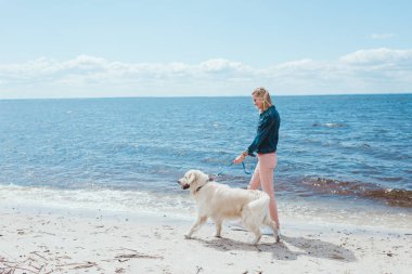 sarışın kadın ile Golden retriever köpek deniz kıyısında yürüyüş