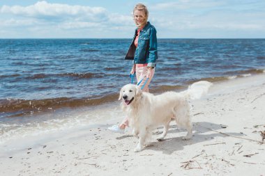 Golden retriever köpek ile deniz kıyısında yürüyen güzel kadın