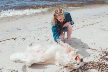 kıyıda golden retriever köpek topla oynamayı gülümseyen kadın