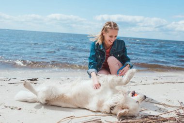 deniz kıyısında golden retriever köpek topla oynamayı çekici mutlu kadın