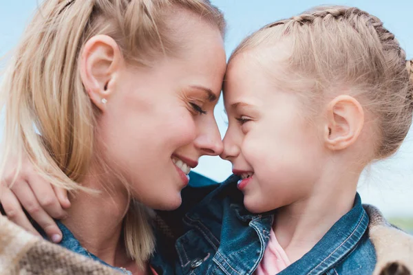 Beautiful Mother Happy Daughter Touching Noses — Stock Photo, Image