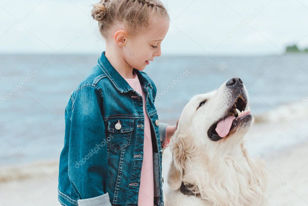  adorable child with friendly golden retriever dog on sea shore