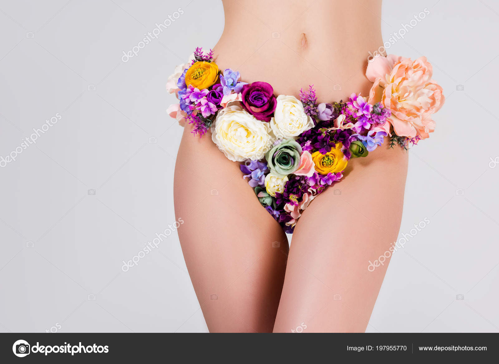 Partial View Young Woman Panties Made Beautiful Tender Flowers Isolated  Stock Photo by ©AllaSerebrina 197955770