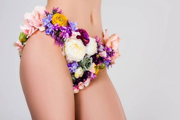 Cropped Shot Young Woman Panties Made Flowers Isolated Grey — Stock Photo, Image