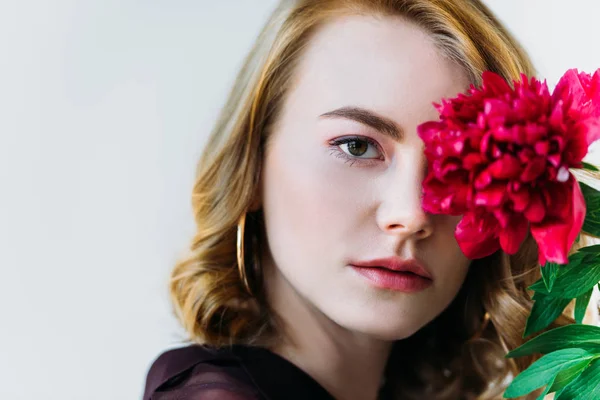 Close View Girl Holding Red Flower Looking Camera Isolated Grey — Free Stock Photo