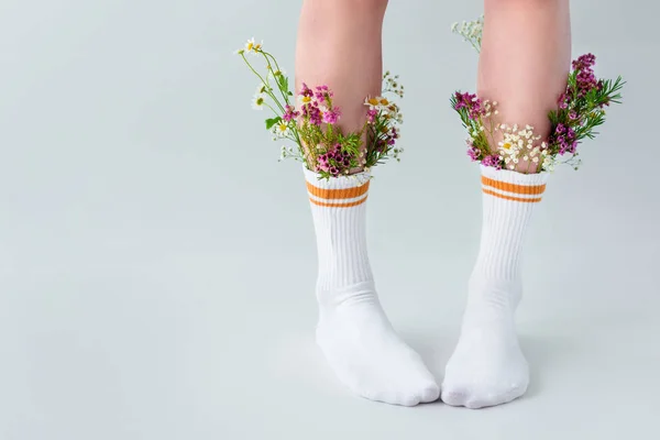 Cropped Shot Young Woman Socks Beautiful Flowers Standing Isolated Grey — Stock Photo, Image