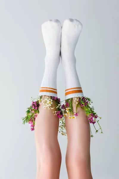 Close View Female Legs Fresh Flowers Socks Isolated Grey Upside — Stock Photo, Image