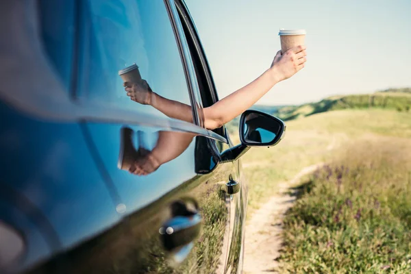 Cropped Shot Woman Leaning Out Hand Paper Cup Coffee Car — Stock Photo, Image