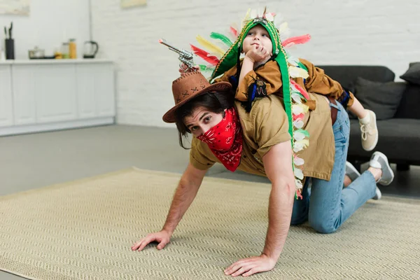 Father Little Son Costumes Playing Together Home — Stock Photo, Image