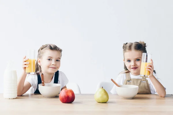 Smiling Schoolgirls Cereals Glasses Orange Juice Breakfast Isolated White — Stock Photo, Image