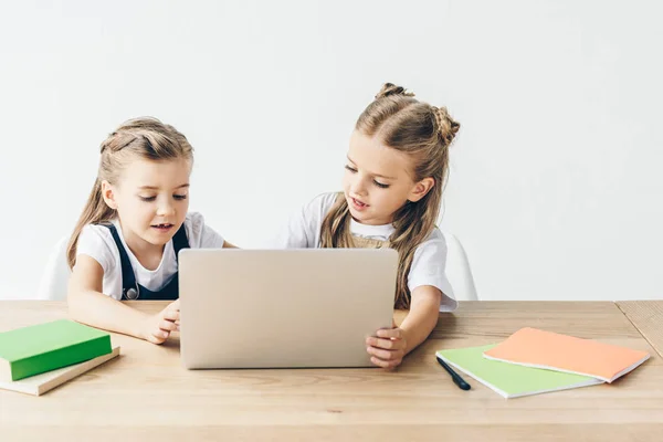 Adorable Little Schoolgirls Using Laptop Studying Isolated White — Stock Photo, Image