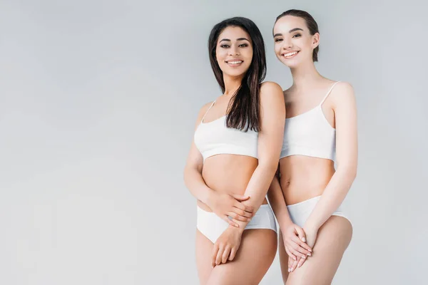 Smiling Attractive Multicultural Women Posing White Lingerie Isolated Gray Background — Stock Photo, Image