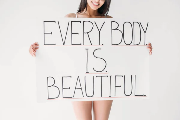 Cropped Image Smiling Woman Holding Banner Lettering Every Body Beautiful — Stock Photo, Image