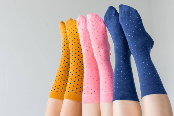 cropped image of female legs in different colorful socks isolated on gray background 