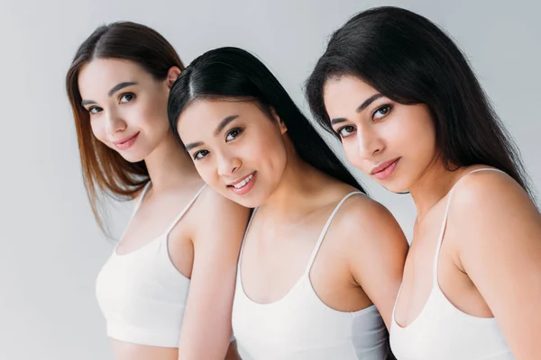 Beautiful Multicultural Female Friends White Underwear Isolated Grey — Stock Photo, Image