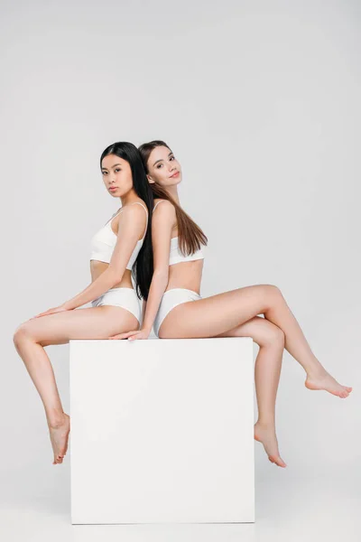 Atraente Asiático Caucasiano Meninas Posando Branco Cubo Isolado Cinza — Fotografia de Stock