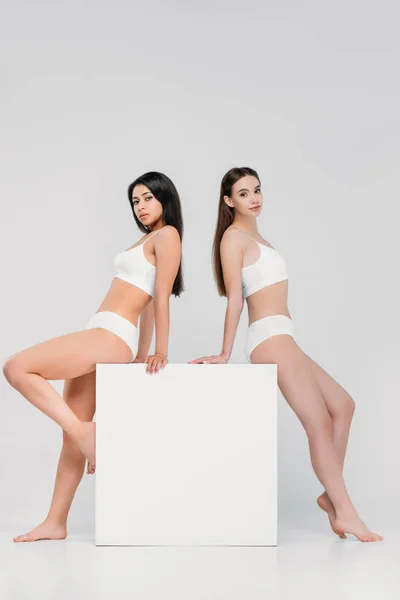 Meninas Multiculturais Morena Lingerie Posando Cubo Branco Isolado Cinza — Fotografia de Stock