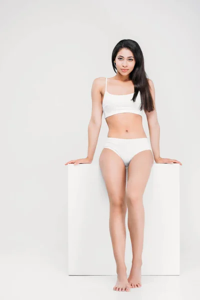 Beautiful Young African American Woman Posing Underwear White Cube Isolated — Stock Photo, Image