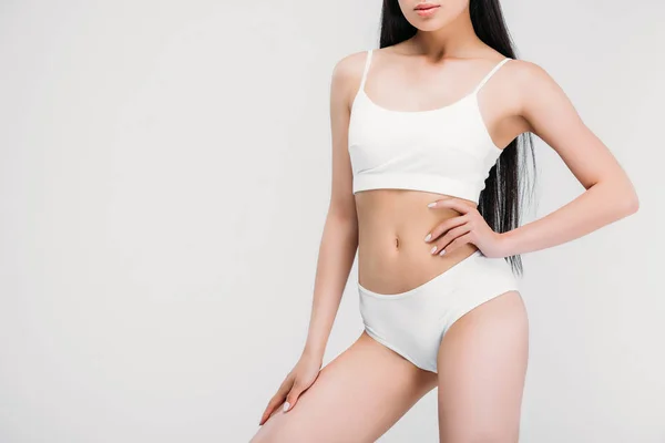 Cropped View Slim Girl Posing White Panties Bra Isolated Grey — Stock Photo, Image