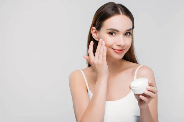 Beautiful Girl Applying Cosmetic Cream Face Isolated Grey — Stock Photo, Image
