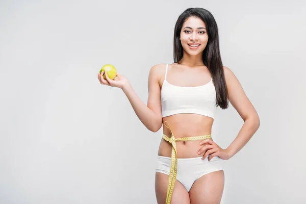 Slim African American Girl White Lingerie Measuring Tape Waist Holding — Stock Photo, Image