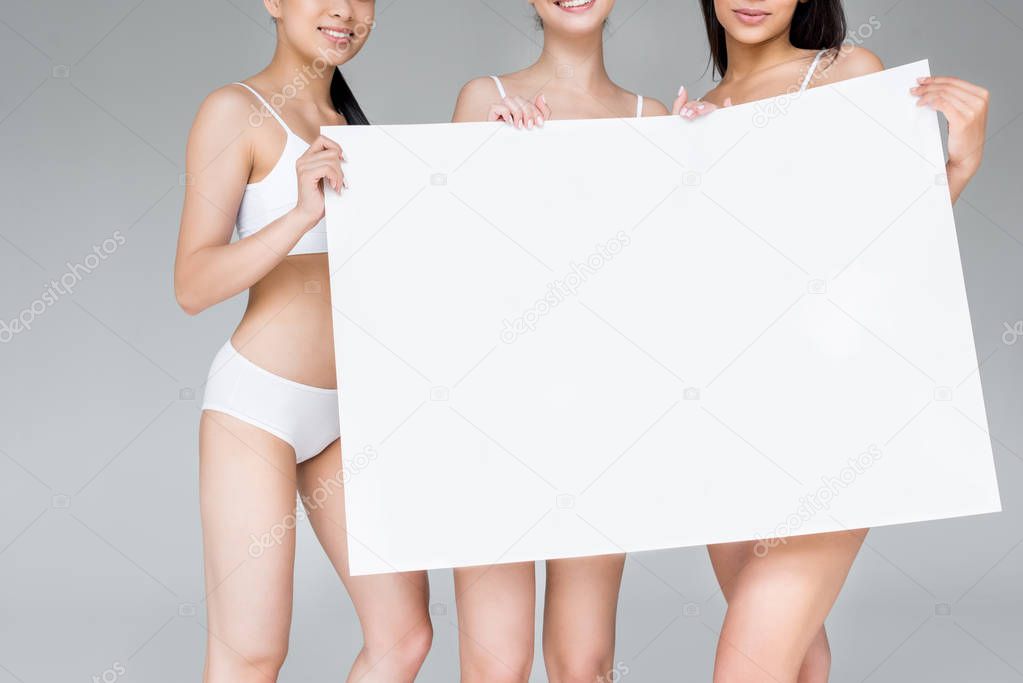 cropped image of three smiling multicultural women in lingerie holding blank banner isolated on gray background 