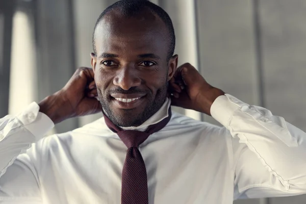 Feliz Joven Hombre Negocios Camisa Blanca Poniéndose Corbata —  Fotos de Stock