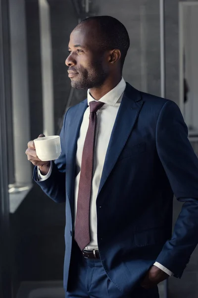 Handsome Young Businessman Cup Coffee Looking Away — Stock Photo, Image