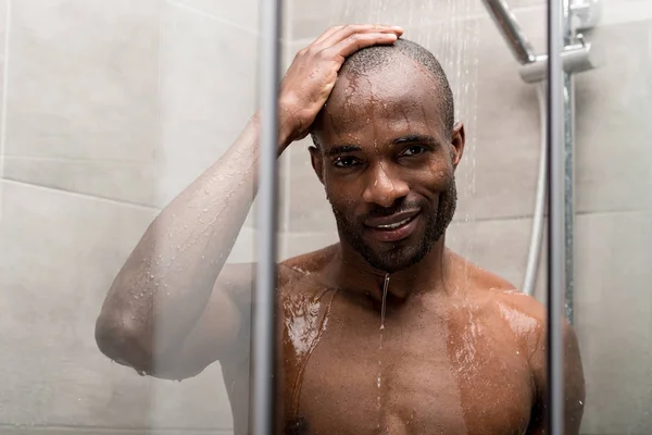 Handsome African American Man Taking Shower Smiling Camera — Stock Photo, Image
