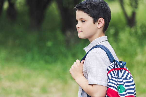 thoughtful schoolboy with backpack looking away at park 