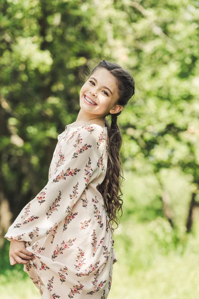 Smiling Child Stylish Dress Looking Camera Summer Park — Stock Photo, Image