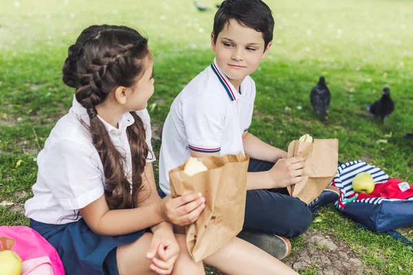 Glückliche Schulkinder Sitzen Auf Grünem Gras Und Essen Mittag — Stockfoto