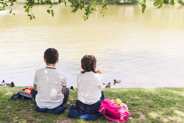 rear view of schoolchildren sitting on lake bank and feeding ducks
