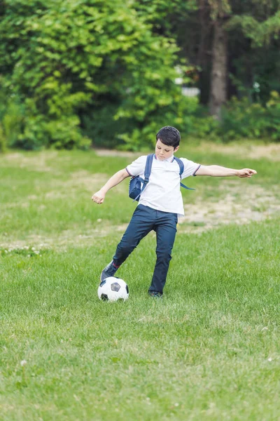 Active Kid Playing Soccer Ball Grass Field — Free Stock Photo
