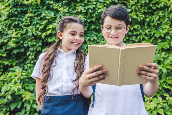 Widok Dołu Szczęśliwy Uczniów Czytanie Książki Razem Przed Murami Winorośli — Zdjęcie stockowe