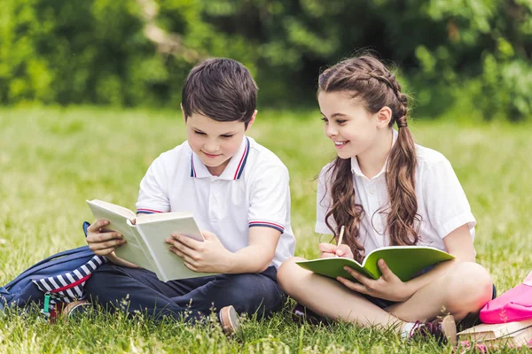 Adorable Schoolchildren Doing Homework Together While Sitting Grass Park — Stock Photo, Image