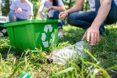 cropped view of volunteers with recycling box cleaning lawn together clipart