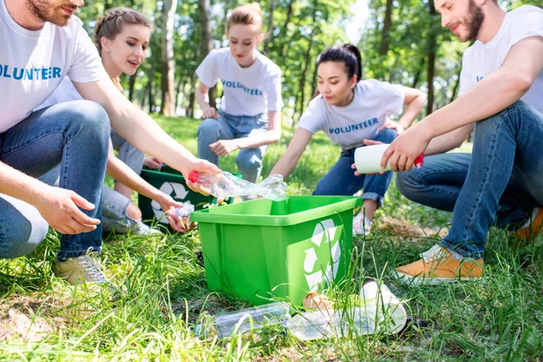 年轻的志愿者与回收箱清洁草坪一起 — 图库照片