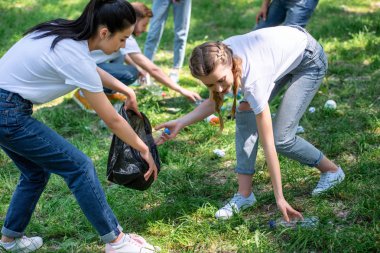young volunteers cleaning lawn in park  clipart