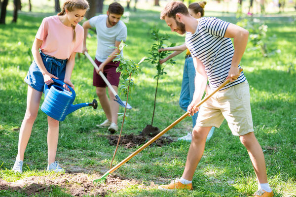 caucasian friends planting and watering new trees in park