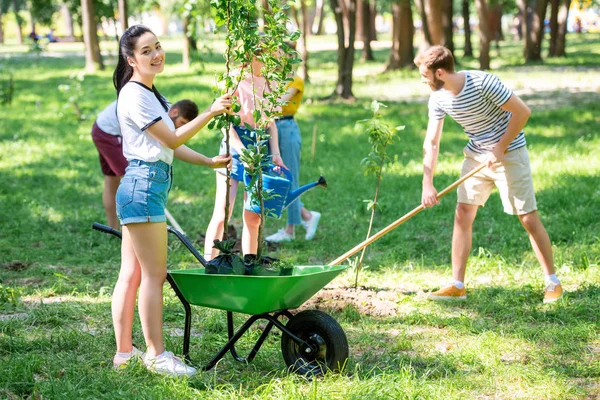 Jeunes Amis Plantant Nouveaux Arbres Faisant Bénévolat Dans Parc Ensemble — Photo