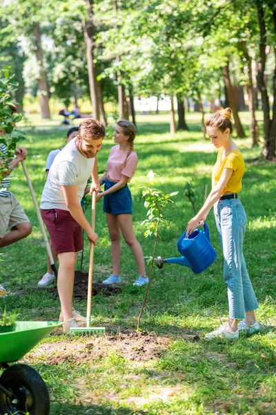 Homens Mulheres Plantando Novas Árvores Voluntariado Parque — Fotografia de Stock