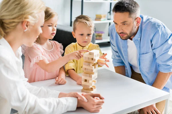 Family Two Children Playing Wooden Blocks Home — Stock Photo, Image