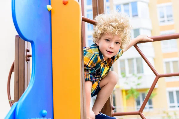 Selective Focus Adorable Curly Little Boy Having Fun Playground — Stock Photo, Image