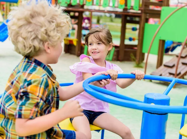 Selective Focus Two Adorable Little Children Riding Carousel Playground — Stock Photo, Image