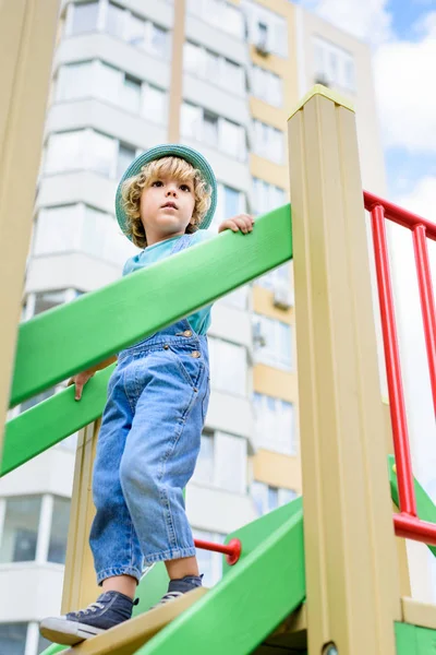 Low Angle View Little Boy Panama Going Downstairs Playground — Stock Photo, Image