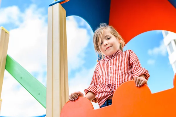 Low Angle View Smiling Little Child Having Fun Playground — Stock Photo, Image