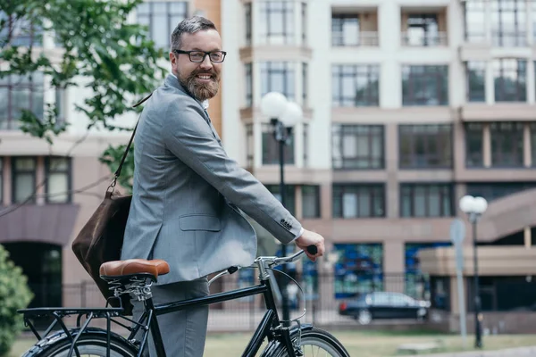 Bearded Handsome Businessman Standing Bike Street City — Stock Photo, Image