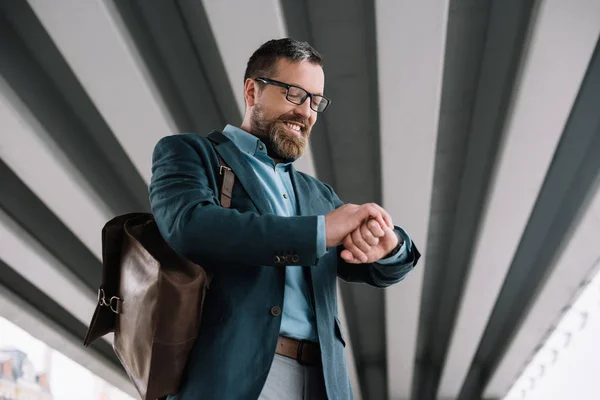 Bottom View Beard Stylish Businessman Leather Bag Looking Wristwatch — Stock Photo, Image