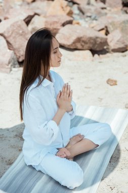 , Anjali mudra içinde kapalı gözleri ile meditasyon odaklı Asya kadın yüksek açı görünümü yoga mat poz